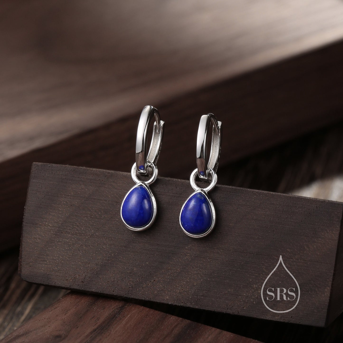 Sterling Silver Genuine Blue Lapis Droplet Hoop Earrings, Detachable Pear Shape Lapis Lazuli Dangle Hoop Earrings, Interchangeable