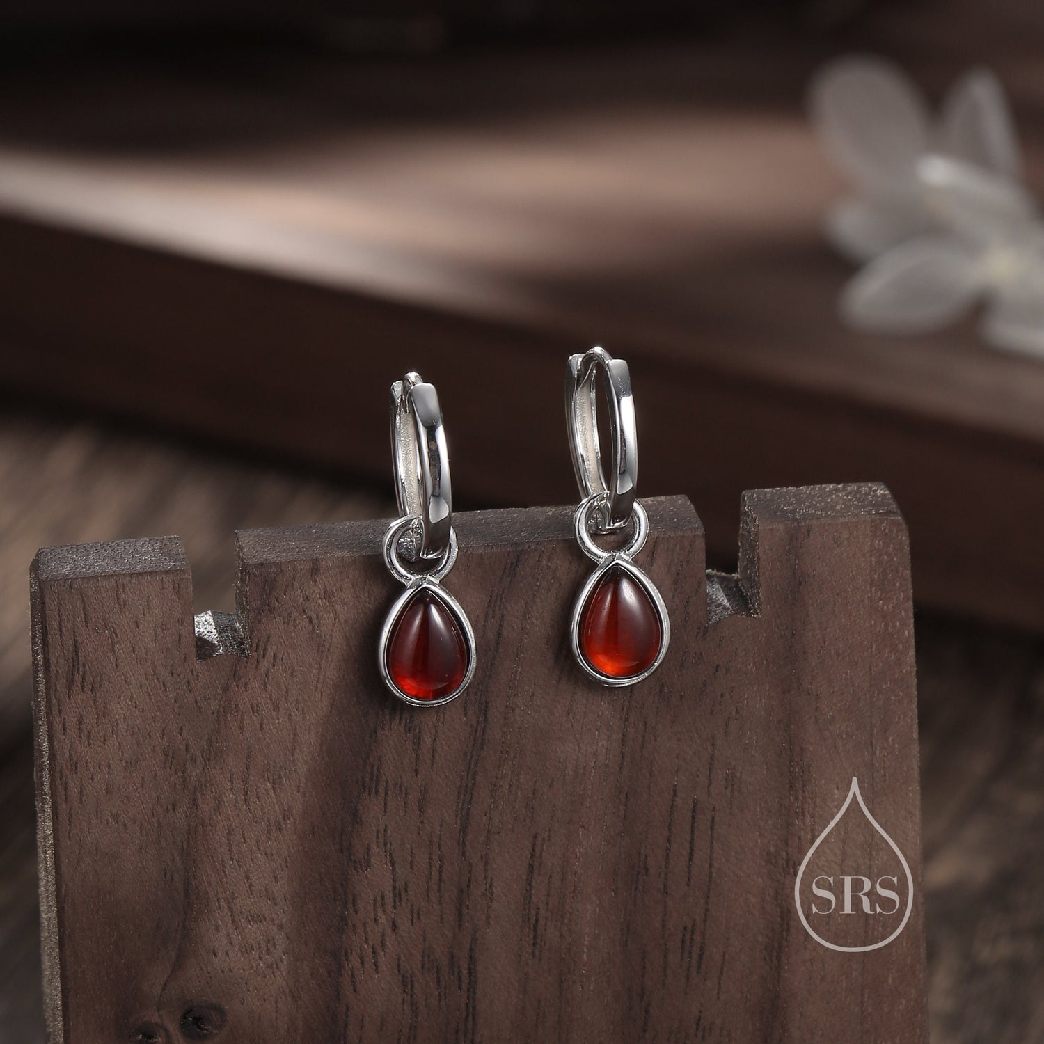 Sterling Silver Genuine Garnet Droplet Hoop Earrings, Detachable Pear Shape Garnet Dangle Hoop Earrings, Interchangeable Natural Red Garnet