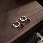 Sterling Silver Genuine Garnet Droplet Hoop Earrings, Detachable Pear Shape Garnet Dangle Hoop Earrings, Interchangeable Natural Red Garnet