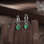 Sterling Silver Genuine Green Onyx Droplet Hoop Earrings, Detachable Pear Shape Green Onyx Dangle Hoop Earrings, Interchangeable