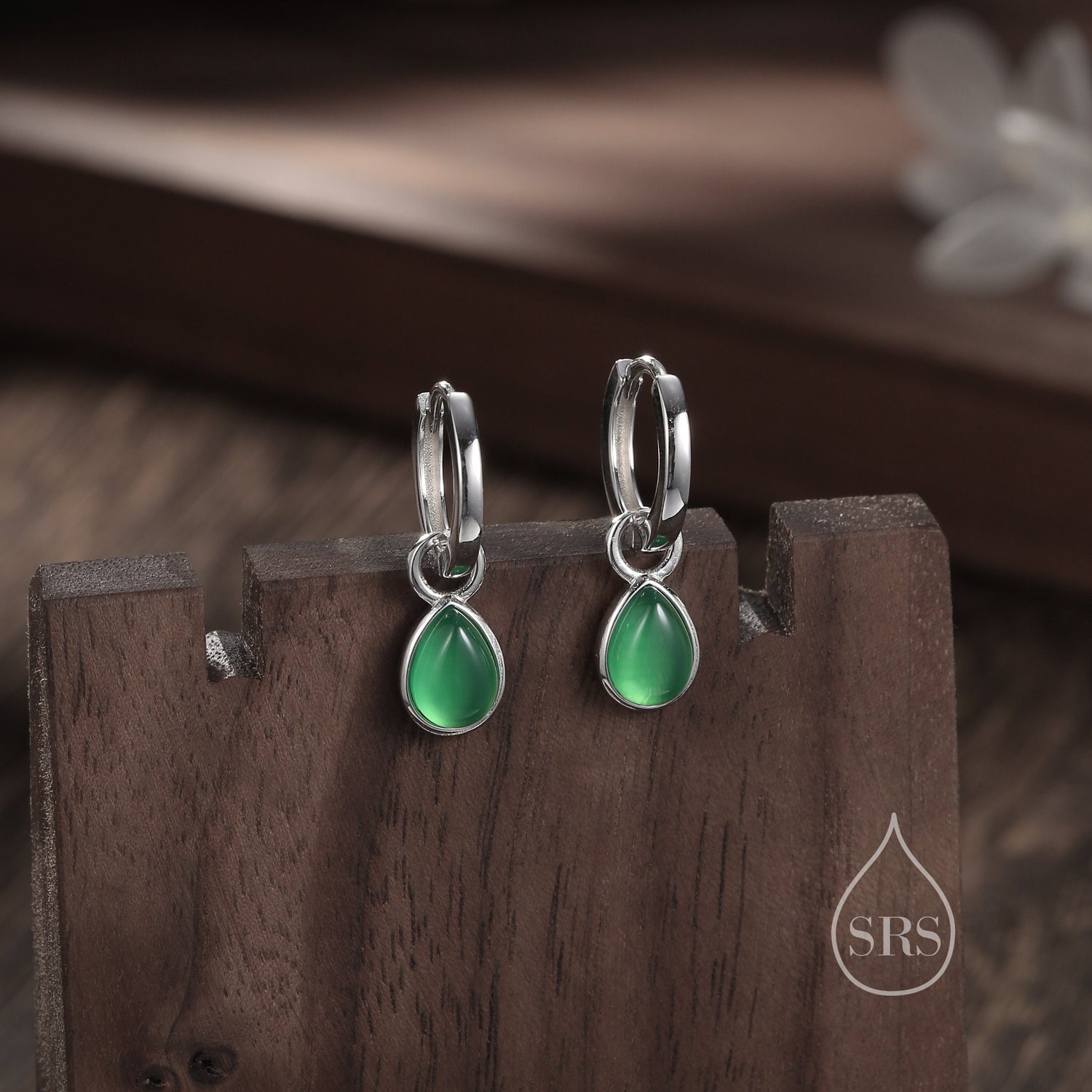 Sterling Silver Genuine Green Onyx Droplet Hoop Earrings, Detachable Pear Shape Green Onyx Dangle Hoop Earrings, Interchangeable