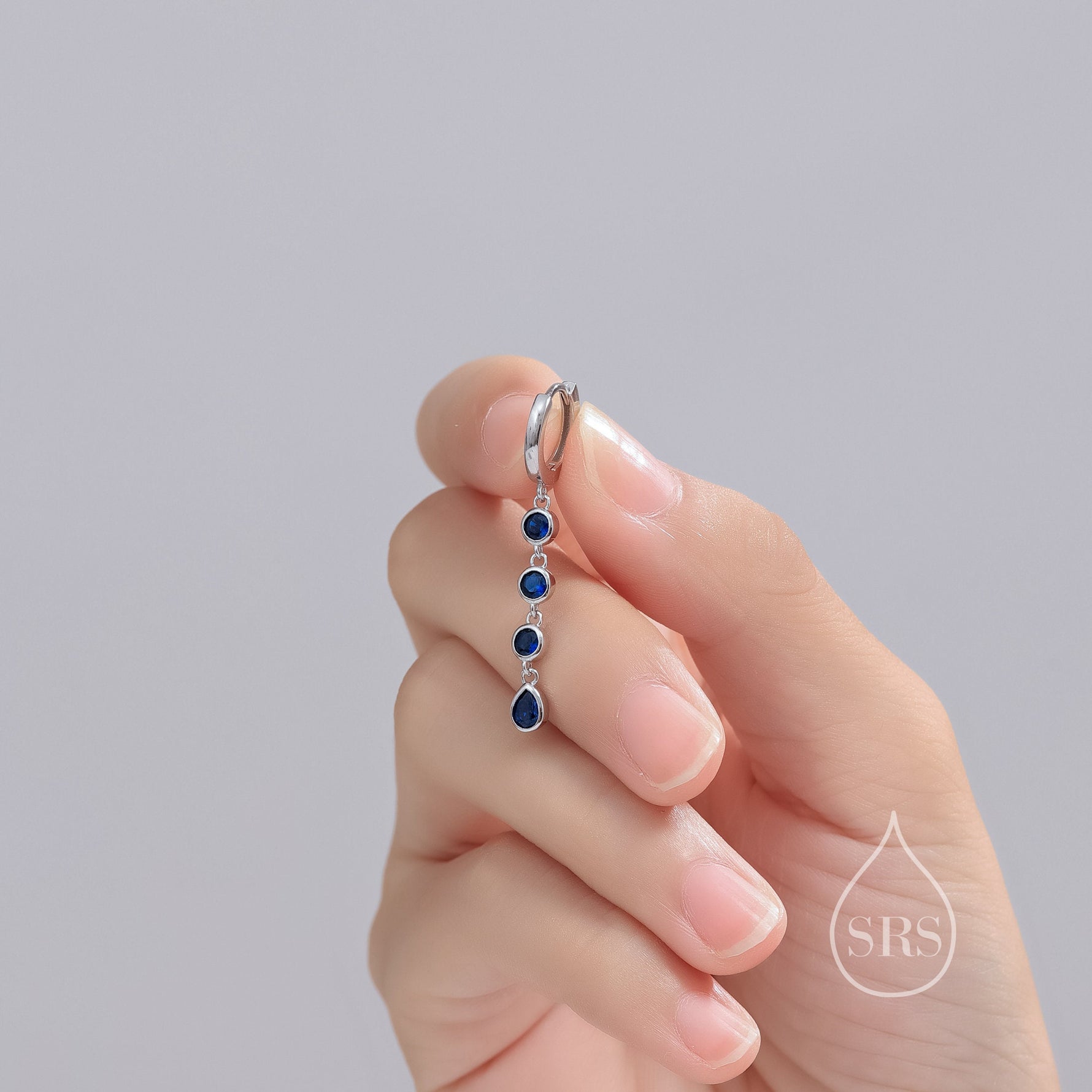 Sapphire Blue CZ Dangle Chain Huggie Hoop Earrings in Sterling Silver, Silver or Gold, CZ Drop Hoops, Geometric Hoop Earrings
