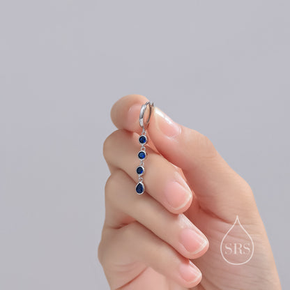 Sapphire Blue CZ Dangle Chain Huggie Hoop Earrings in Sterling Silver, Silver or Gold, CZ Drop Hoops, Geometric Hoop Earrings