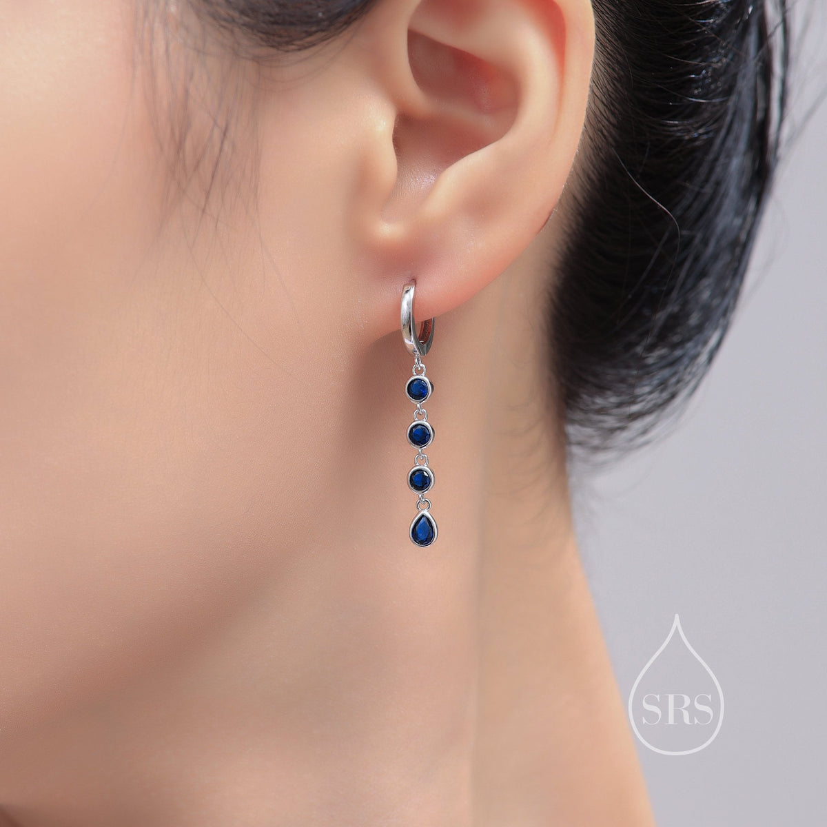 CZ Chain Dangle Huggie Hoop Earrings in Sterling Silver, Silver or Gold, CZ Drop Hoops, Geometric Hoop Earrings