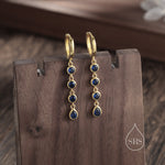 Sapphire Blue CZ Dangle Chain Huggie Hoop Earrings in Sterling Silver, Silver or Gold, CZ Drop Hoops, Geometric Hoop Earrings
