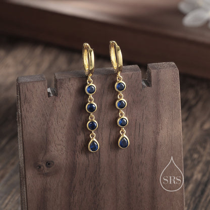 Sapphire Blue CZ Dangle Chain Huggie Hoop Earrings in Sterling Silver, Silver or Gold, CZ Drop Hoops, Geometric Hoop Earrings