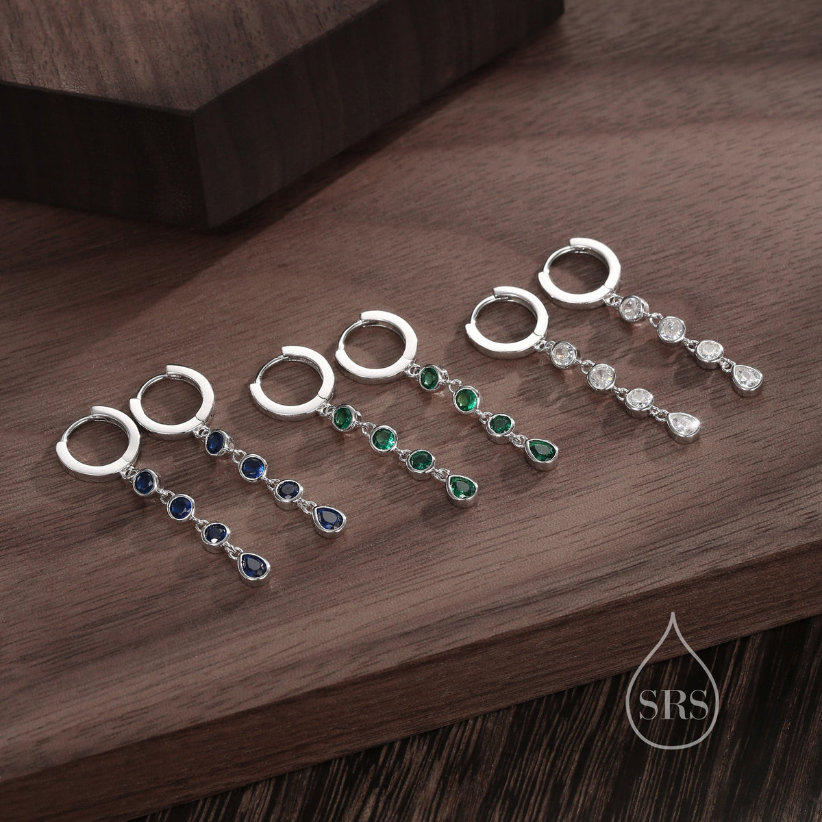 Emerald Green CZ Dangle Chain Huggie Hoop Earrings in Sterling Silver, Silver or Gold, CZ Drop Hoops, Geometric Hoop Earrings
