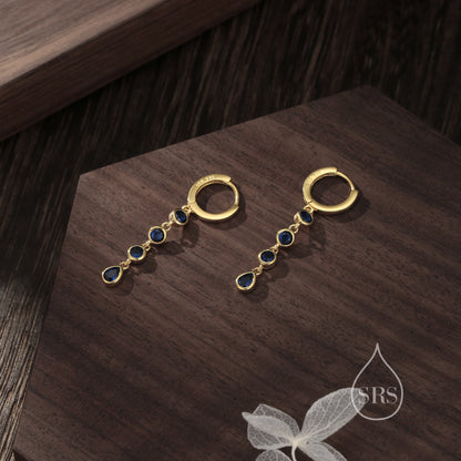 Sapphire Blue CZ Dangle Chain Huggie Hoop Earrings in Sterling Silver, Silver or Gold, CZ Drop Hoops, Geometric Hoop Earrings