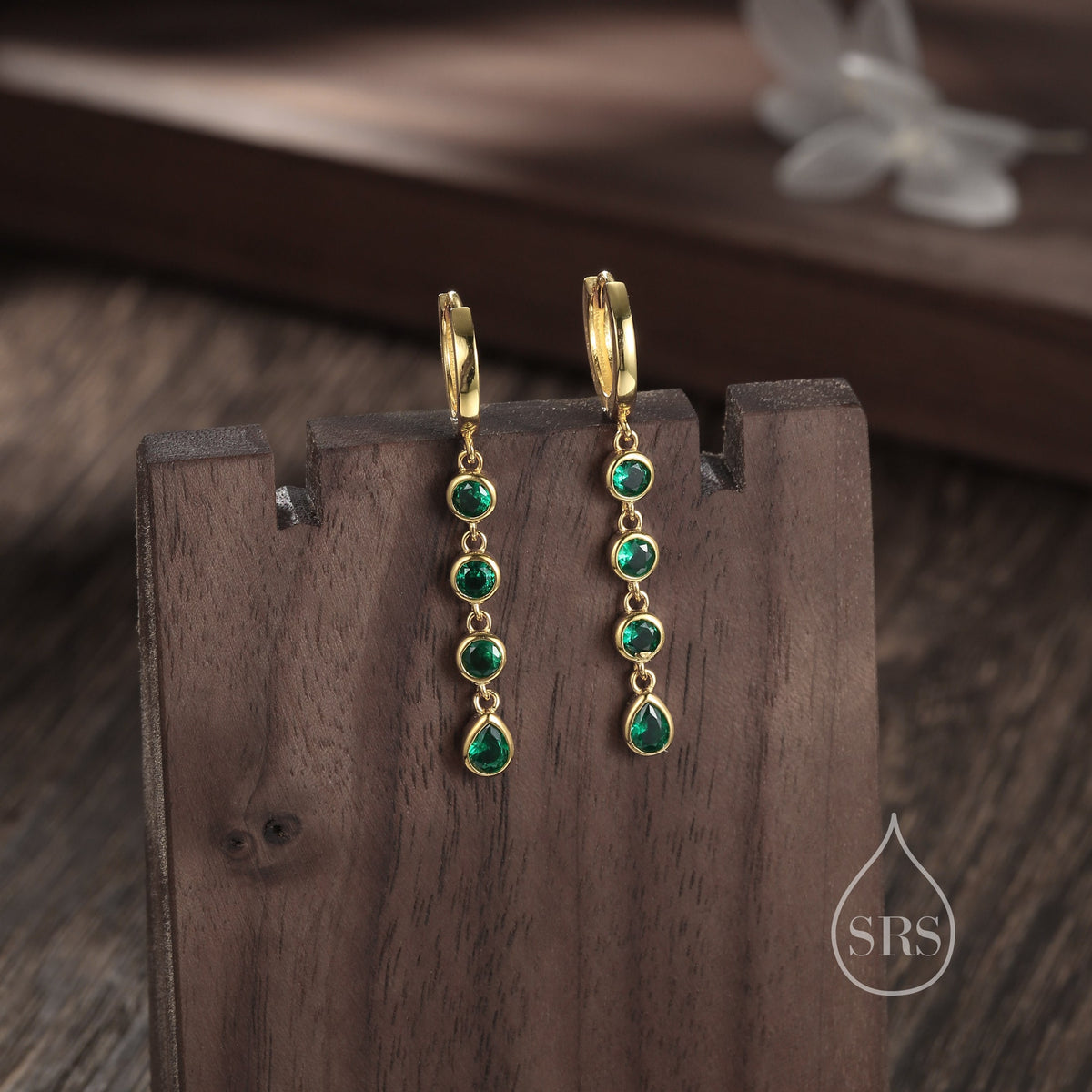 Emerald Green CZ Dangle Chain Huggie Hoop Earrings in Sterling Silver, Silver or Gold, CZ Drop Hoops, Geometric Hoop Earrings