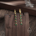 Emerald Green CZ Dangle Chain Huggie Hoop Earrings in Sterling Silver, Silver or Gold, CZ Drop Hoops, Geometric Hoop Earrings