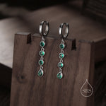 Emerald Green CZ Dangle Chain Huggie Hoop Earrings in Sterling Silver, Silver or Gold, CZ Drop Hoops, Geometric Hoop Earrings