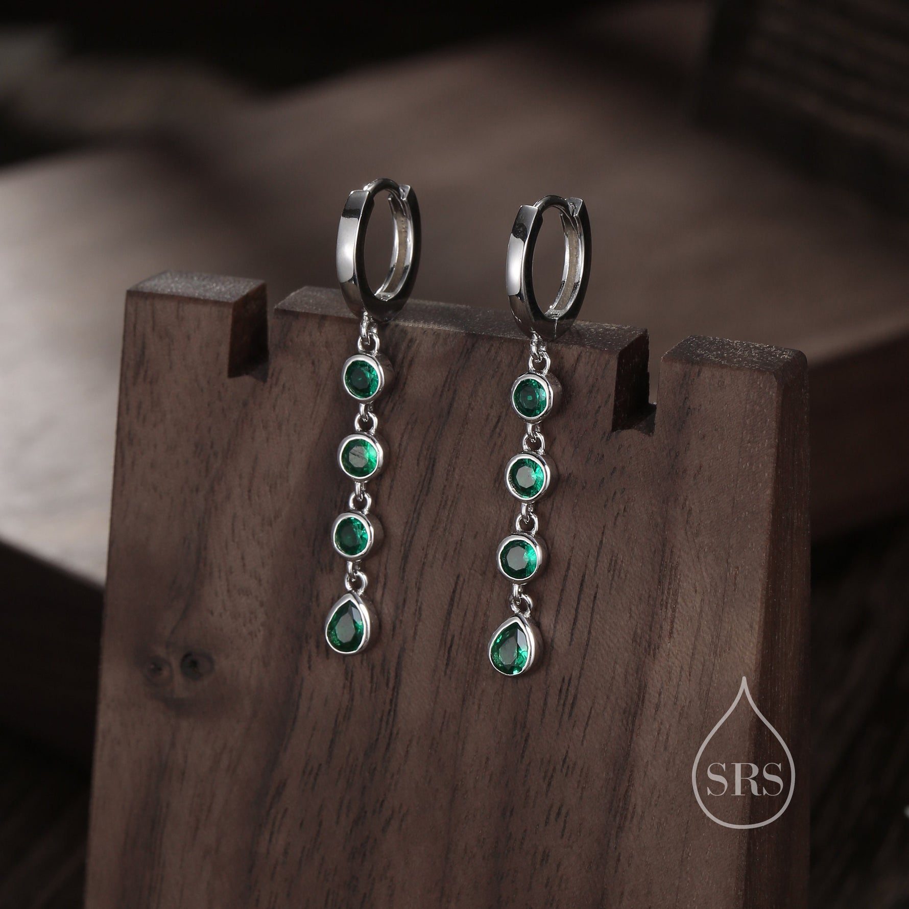 Emerald Green CZ Dangle Chain Huggie Hoop Earrings in Sterling Silver, Silver or Gold, CZ Drop Hoops, Geometric Hoop Earrings