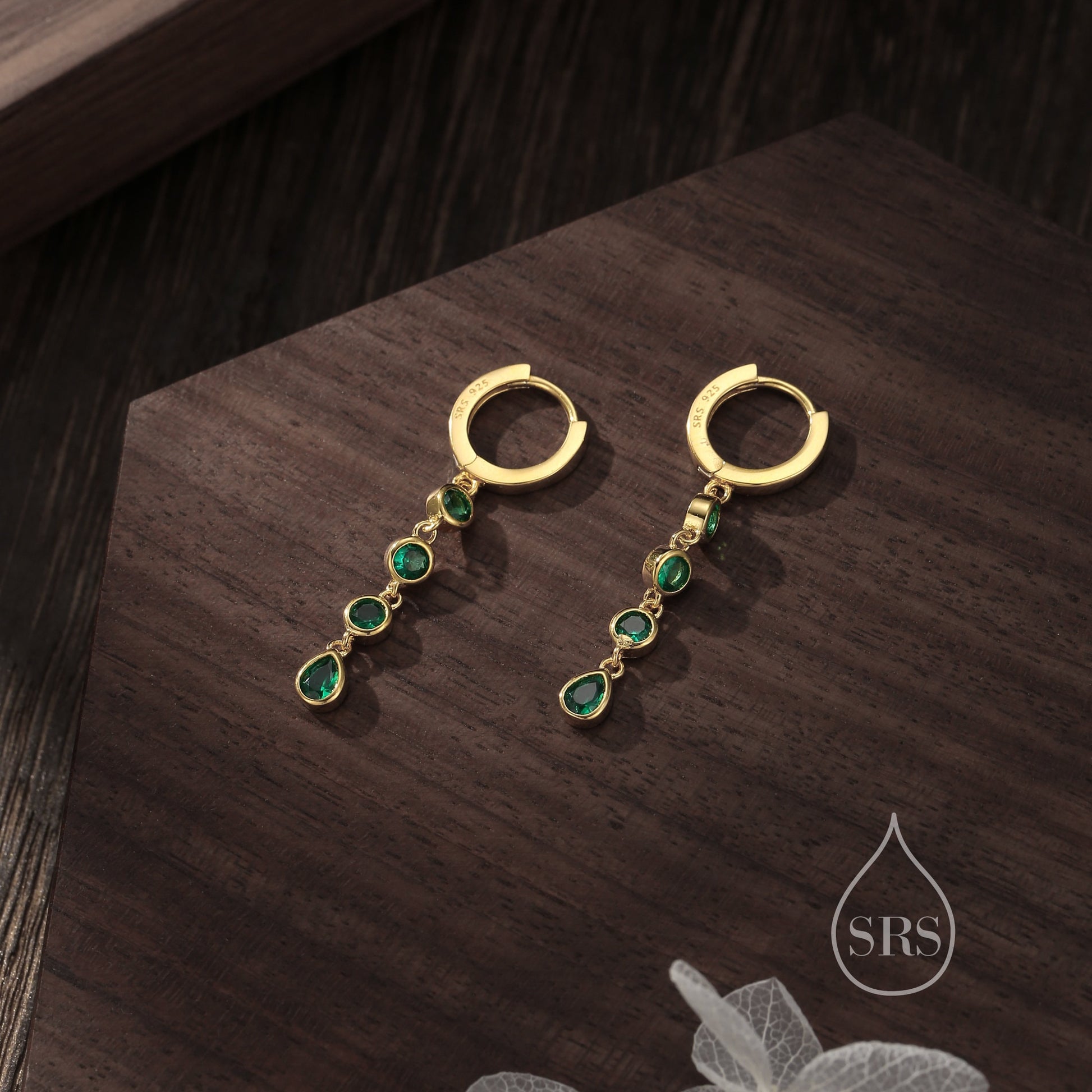 Emerald Green CZ Dangle Chain Huggie Hoop Earrings in Sterling Silver, Silver or Gold, CZ Drop Hoops, Geometric Hoop Earrings