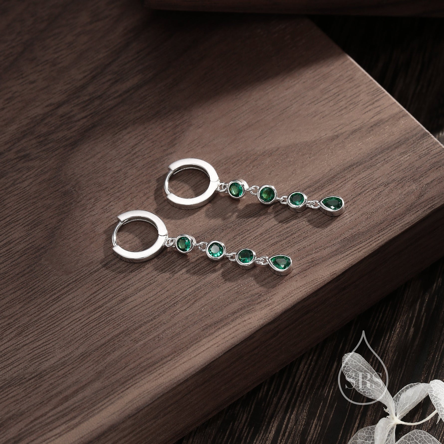 Emerald Green CZ Dangle Chain Huggie Hoop Earrings in Sterling Silver, Silver or Gold, CZ Drop Hoops, Geometric Hoop Earrings