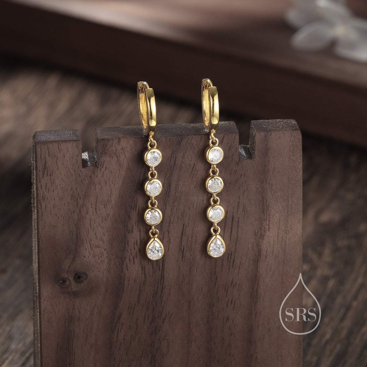 CZ Chain Dangle Huggie Hoop Earrings in Sterling Silver, Silver or Gold, CZ Drop Hoops, Geometric Hoop Earrings
