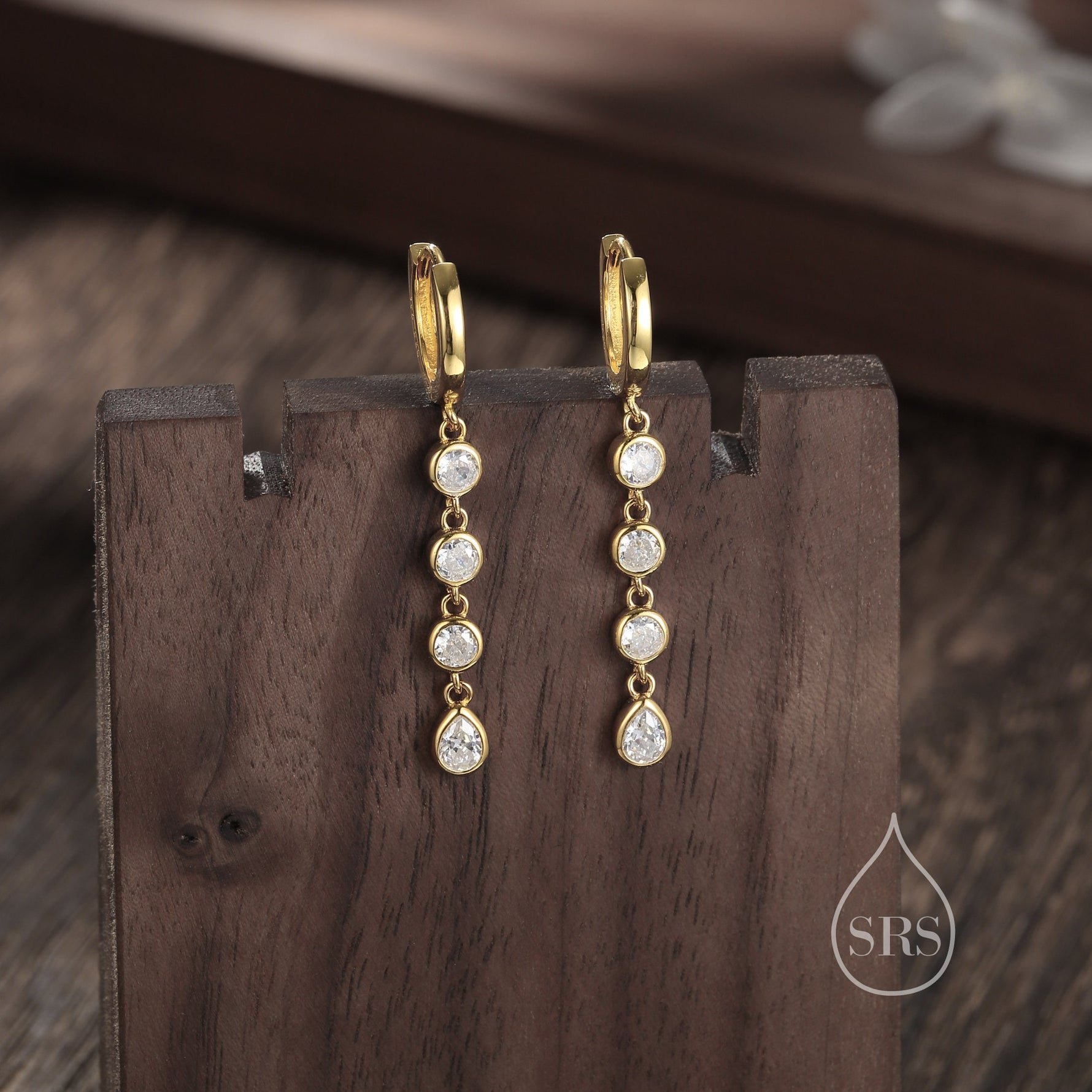 CZ Chain Dangle Huggie Hoop Earrings in Sterling Silver, Silver or Gold, CZ Drop Hoops, Geometric Hoop Earrings
