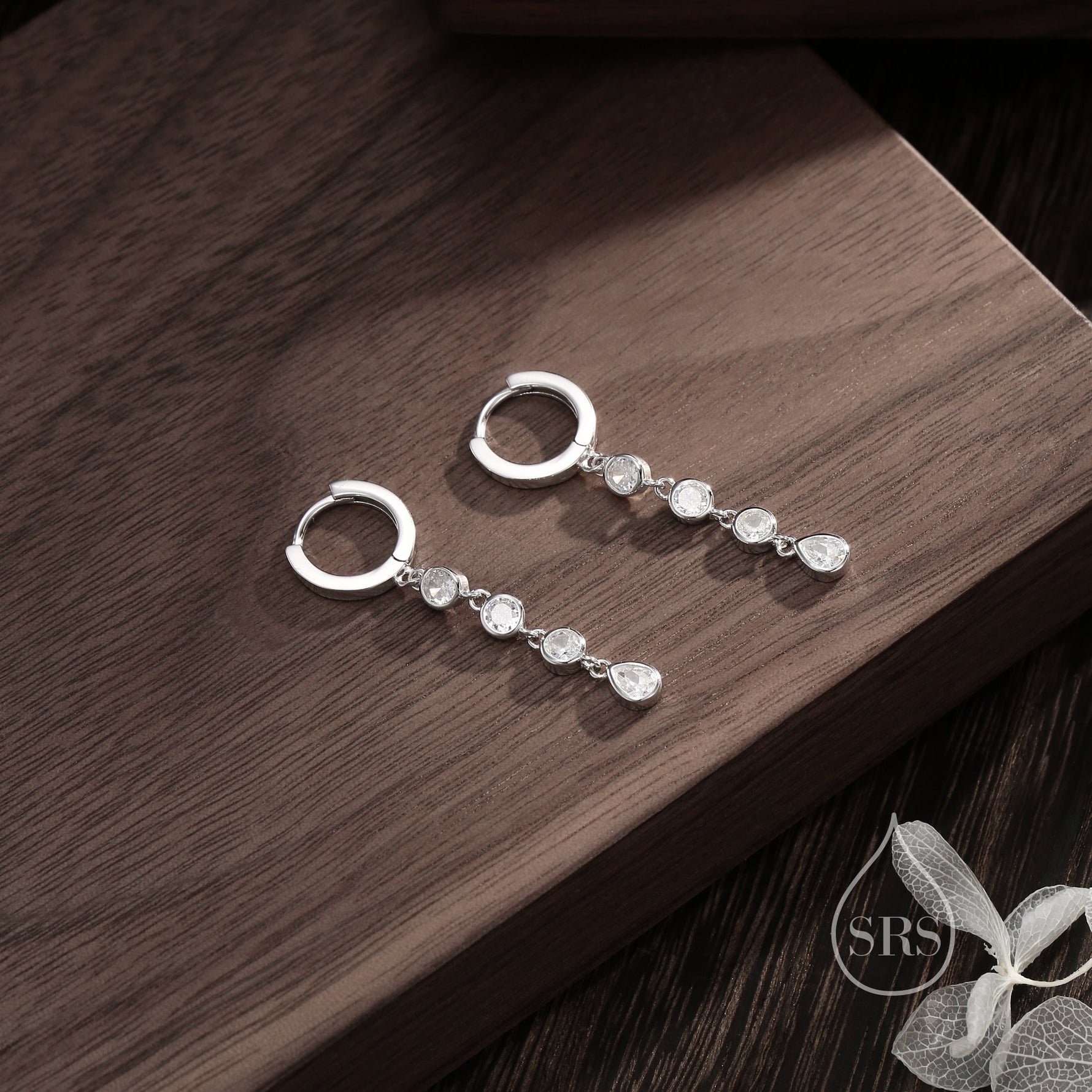 CZ Chain Dangle Huggie Hoop Earrings in Sterling Silver, Silver or Gold, CZ Drop Hoops, Geometric Hoop Earrings