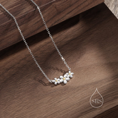 Sterling Silver Forget Me Not Flower Trio Pendant Necklace, Three Flower Necklace, Daisy Chain Necklace, Two Tone Flower Pendant Necklace