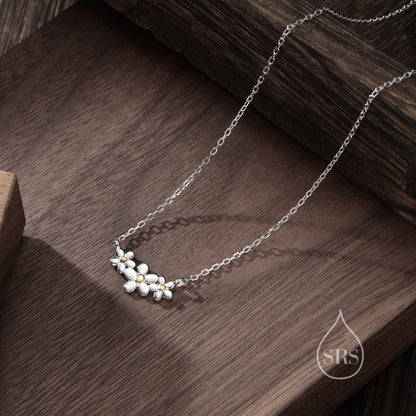 Sterling Silver Forget Me Not Flower Trio Pendant Necklace, Three Flower Necklace, Daisy Chain Necklace, Two Tone Flower Pendant Necklace