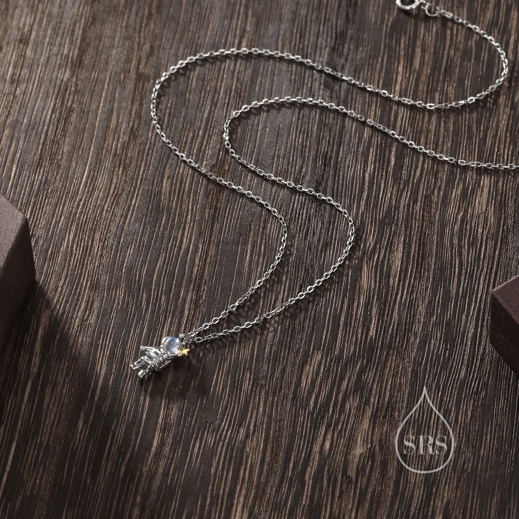 Astronaut Pendant Necklace in Sterling Silver with Lab Moonstone, Spaceman Holding Star Necklace, Space Planet Celestial Jewellery
