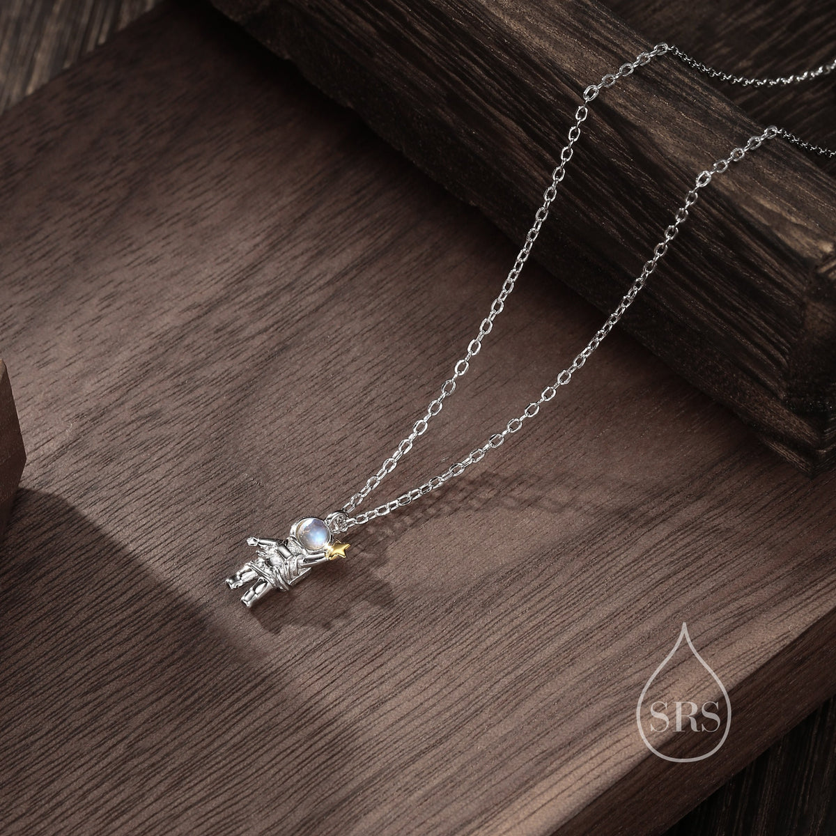 Astronaut Pendant Necklace in Sterling Silver with Lab Moonstone, Spaceman Holding Star Necklace, Space Planet Celestial Jewellery