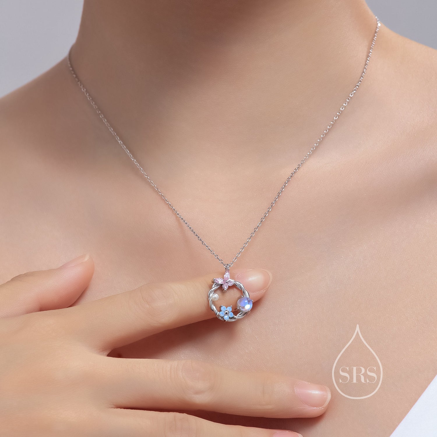 Forget Me Not Butterfly Wreath Pendant Necklace