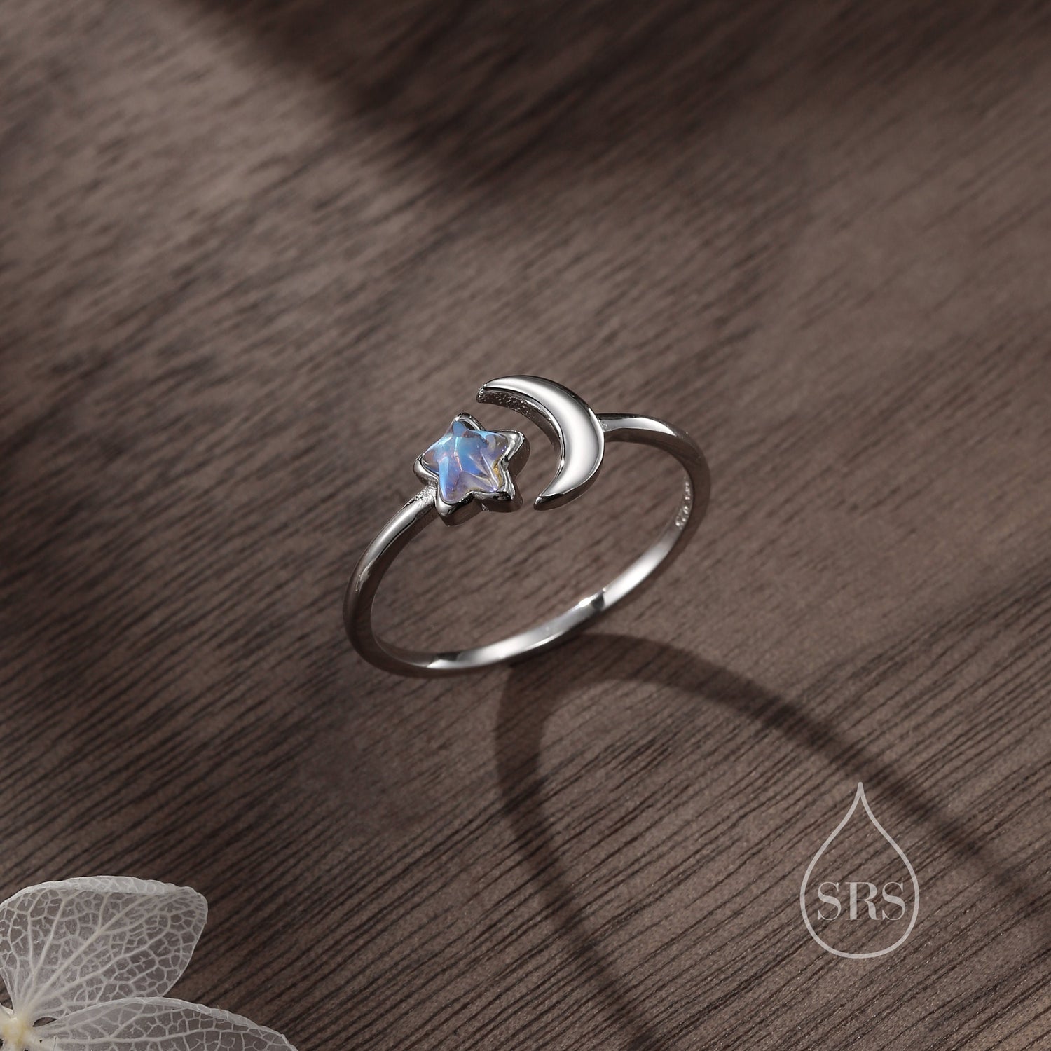 Sterling Silver Moonstone Star and Moon Ring, Simulated Moonstone Star and Moon Ring, Adjustable Size, Celestial Jewellery