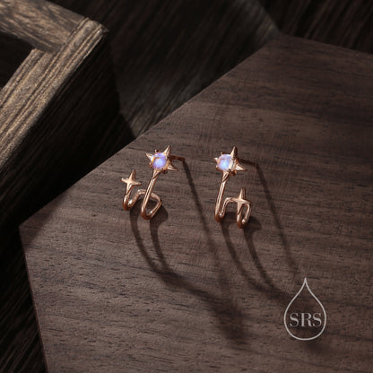 Double Star Stud Earrings in Sterling Silver, Single Piercing Starburst Earrings, Silver or Gold or Rose Gold, Double Layer North Star