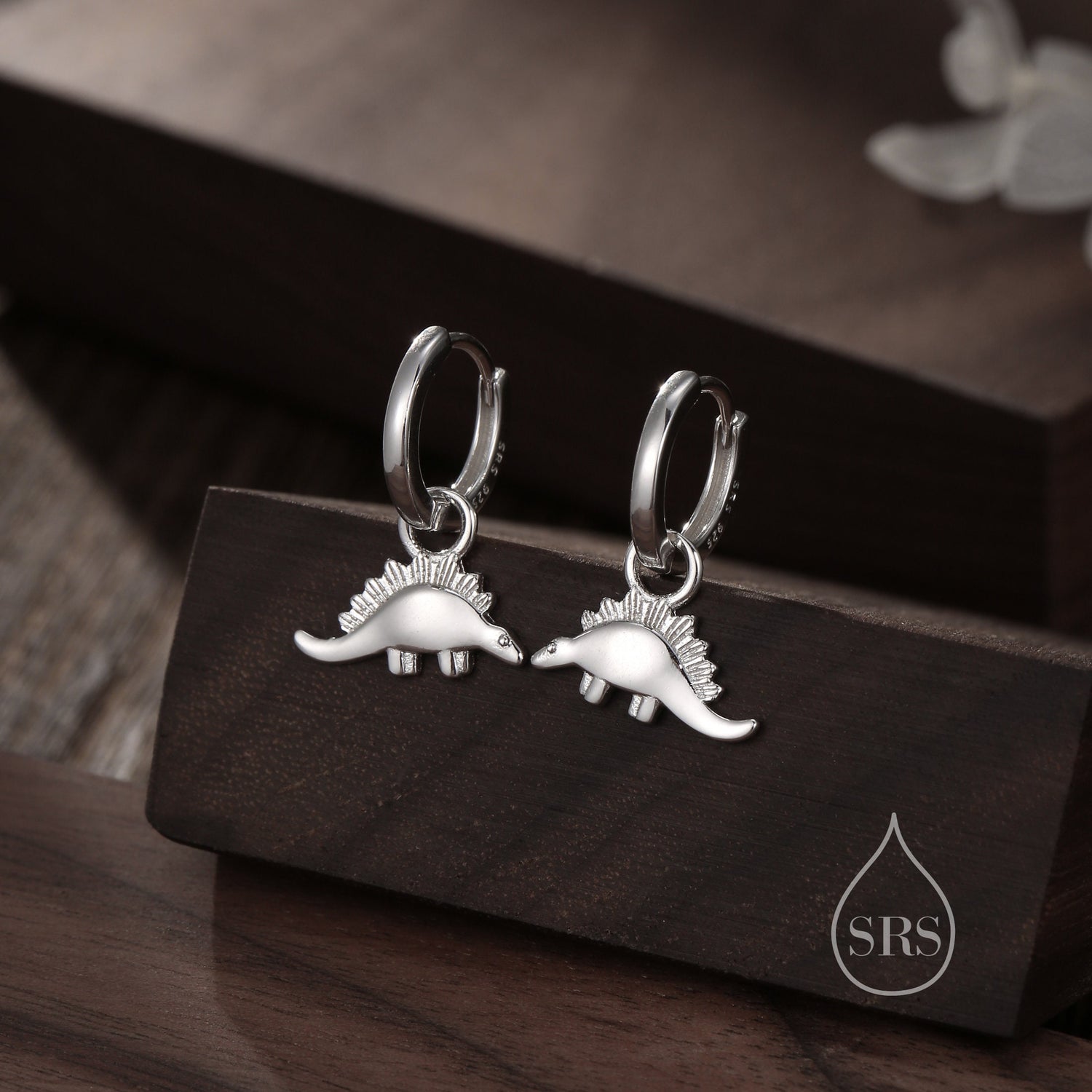 Sterling Silver Dinosaur Dangle Hoop Earrings, Silver, Gold or Rose Gold,  Stegosaurus Huggie Hoops, Interchangeable Charms, Detachable