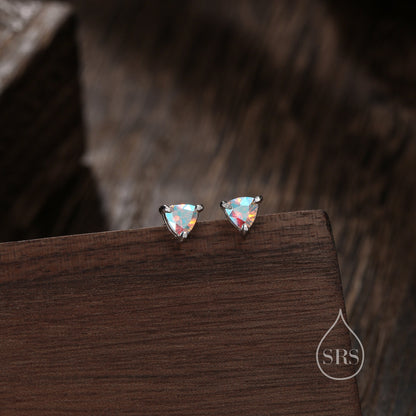 Trillion Cut Triangle Aurora CZ Stud Earrings in Sterling Silver, Silver or Gold, AB Cubic Zirconia Crystal Earrings, Triangle Earrings