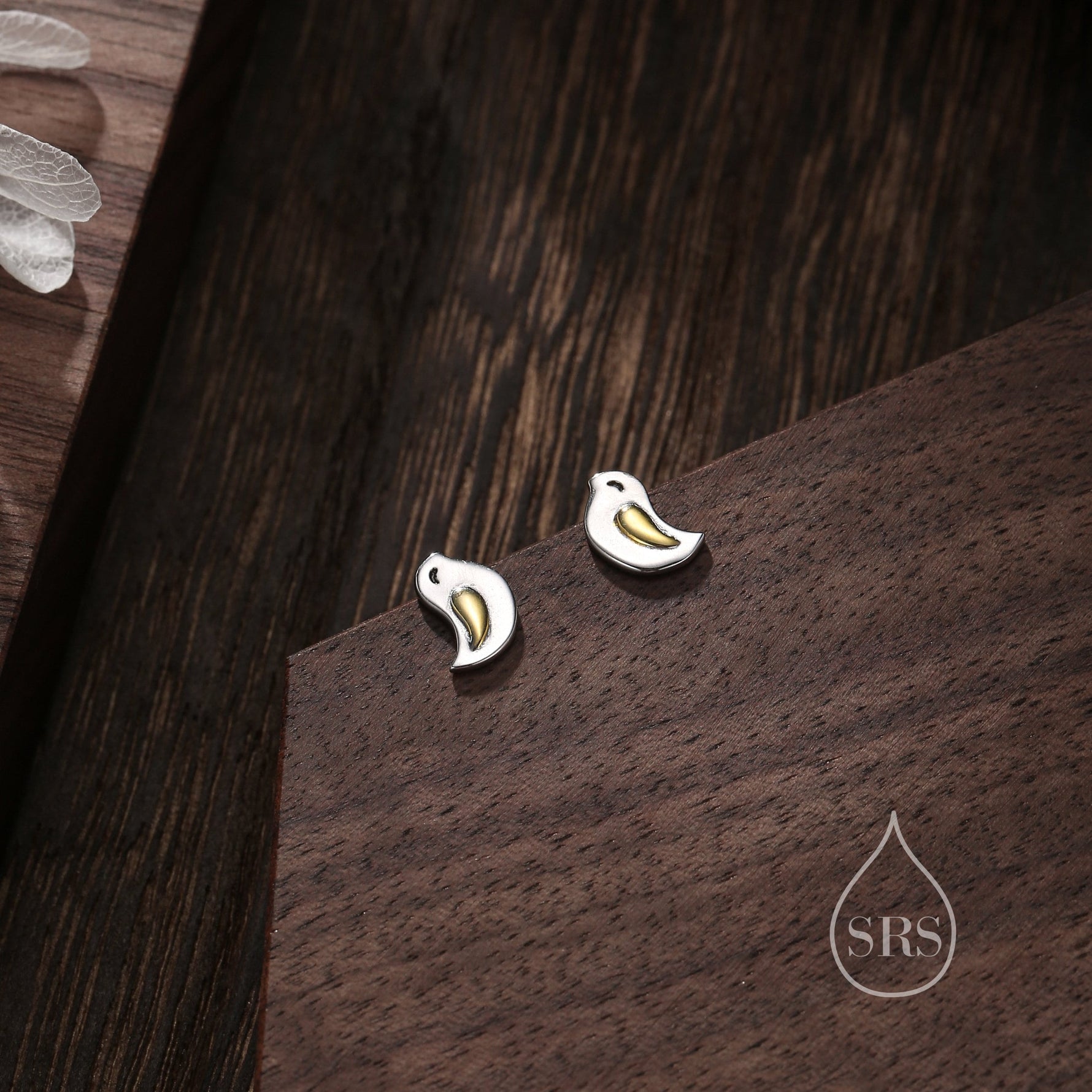 Little Wren Bird Stud Earrings in Sterling Silver- Gold and Silver Two Tone - Bird Earrings - Cute Animal, Fun, Whimsical and Pretty