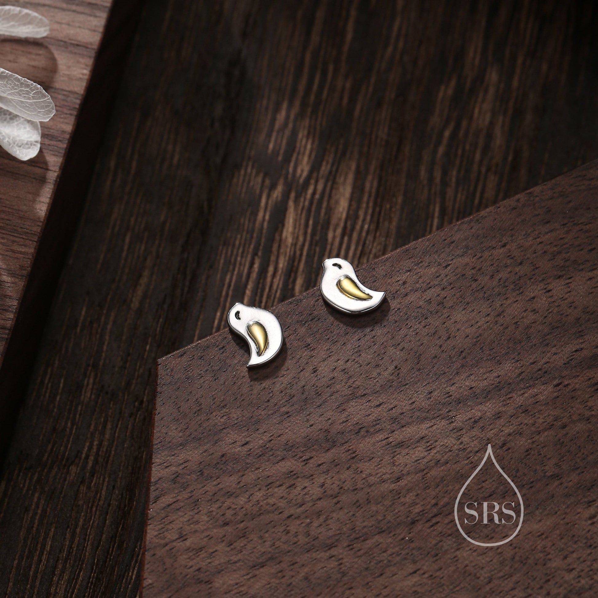 Little Wren Bird Stud Earrings in Sterling Silver- Gold and Silver Two Tone - Bird Earrings - Cute Animal, Fun, Whimsical and Pretty