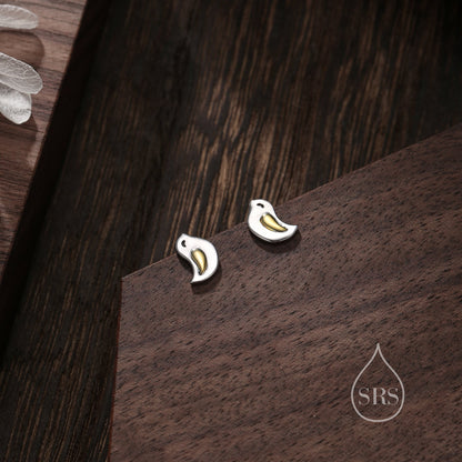 Little Wren Bird Stud Earrings in Sterling Silver- Gold and Silver Two Tone - Bird Earrings - Cute Animal, Fun, Whimsical and Pretty