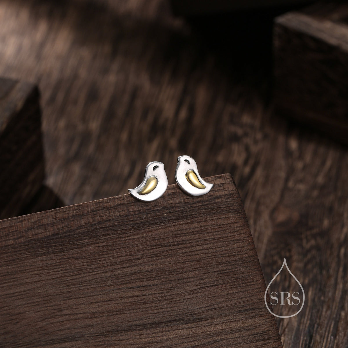 Little Wren Bird Stud Earrings in Sterling Silver- Gold and Silver Two Tone - Bird Earrings - Cute Animal, Fun, Whimsical and Pretty