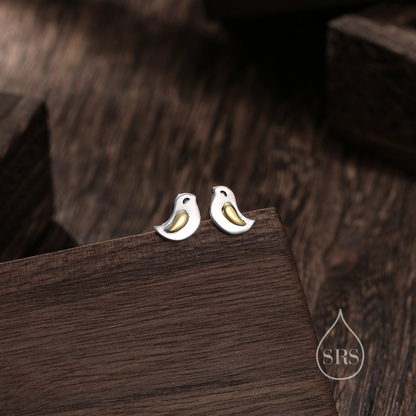 Little Wren Bird Stud Earrings in Sterling Silver- Gold and Silver Two Tone - Bird Earrings - Cute Animal, Fun, Whimsical and Pretty