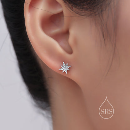 Asymmetric Moon and Starburst Stud Earrings, Silver, Gold or Rose Gold, Star Stud Earrings, Petite Celestial Earrings