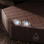 Lotus Flower Moonstone Stud Earrings in Sterling Silver, Silver or Gold, Lab Moonstone Lotus Earrings, Nature Inspired, Botanical Earrings