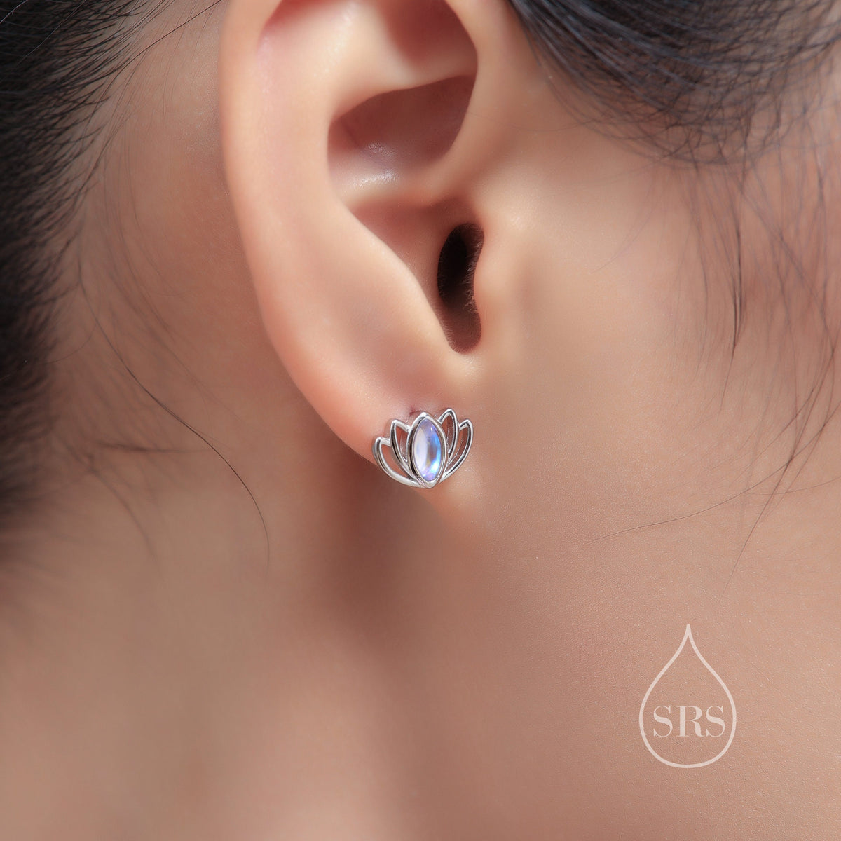 Lotus Flower Moonstone Stud Earrings in Sterling Silver, Silver or Gold, Lab Moonstone Lotus Earrings, Nature Inspired, Botanical Earrings