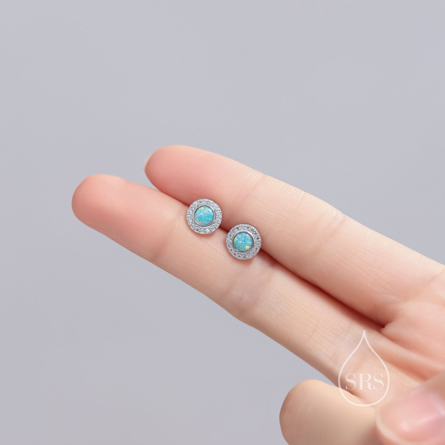 Aqua Green Opal CZ Halo Stud Earrings in Sterling Silver - Silver or Gold - Sustainable Lab Opal - Petite Blue Opal Stud Earrings