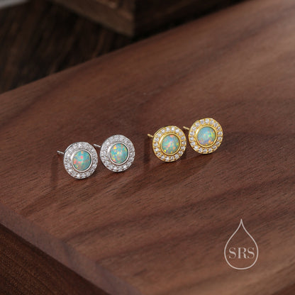 Aqua Green Opal CZ Halo Stud Earrings in Sterling Silver - Silver or Gold - Sustainable Lab Opal - Petite Blue Opal Stud Earrings