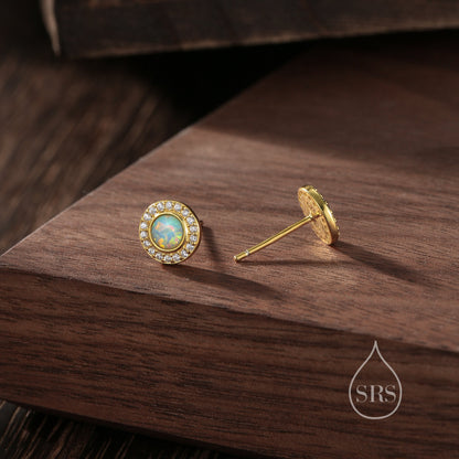 Aqua Green Opal CZ Halo Stud Earrings in Sterling Silver - Silver or Gold - Sustainable Lab Opal - Petite Blue Opal Stud Earrings