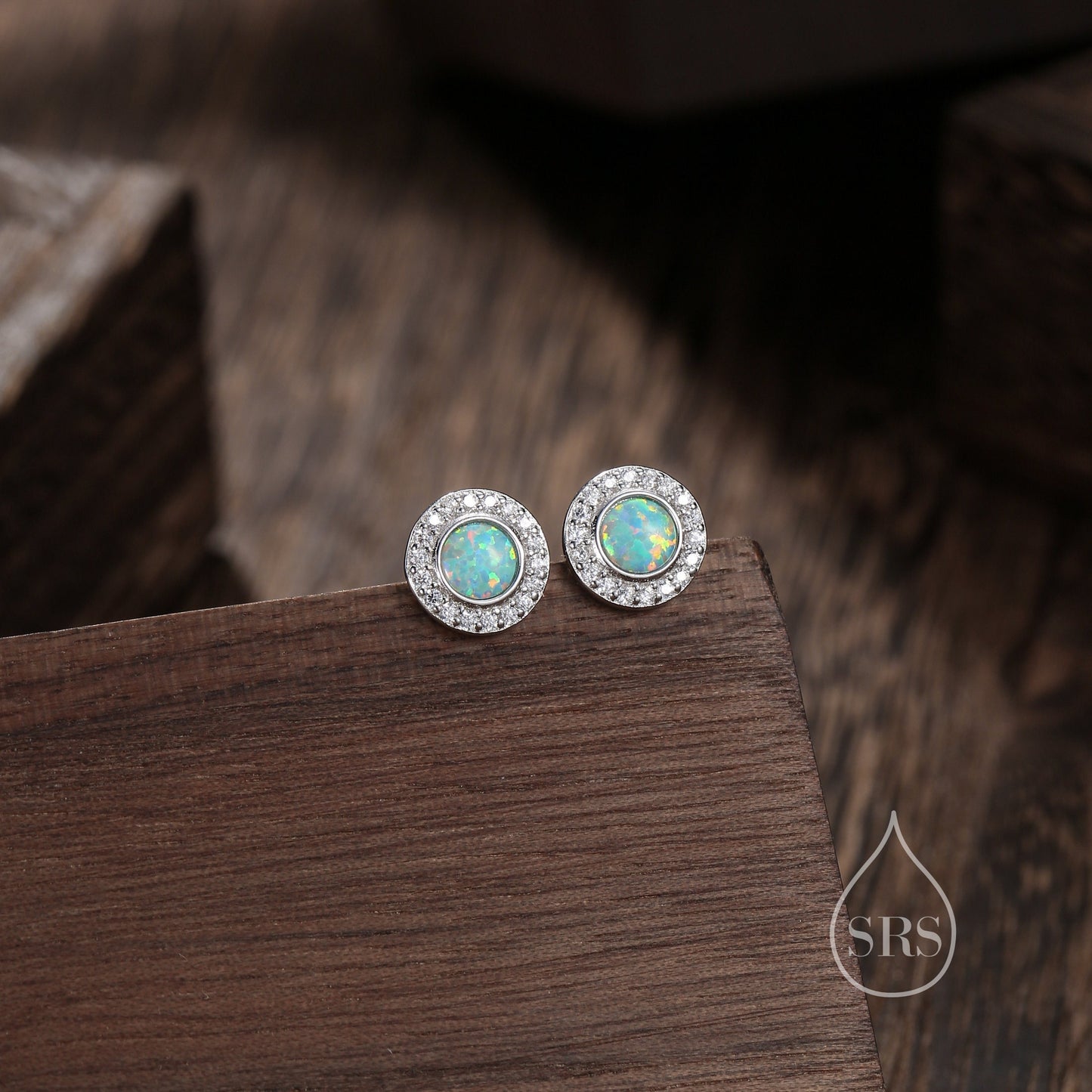 Aqua Green Opal CZ Halo Stud Earrings in Sterling Silver - Silver or Gold - Sustainable Lab Opal - Petite Blue Opal Stud Earrings