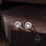 Moonstone CZ Halo Stud Earrings in Sterling Silver, Sustainable Lab Moonstone - Petite Moonstone Stud Earrings