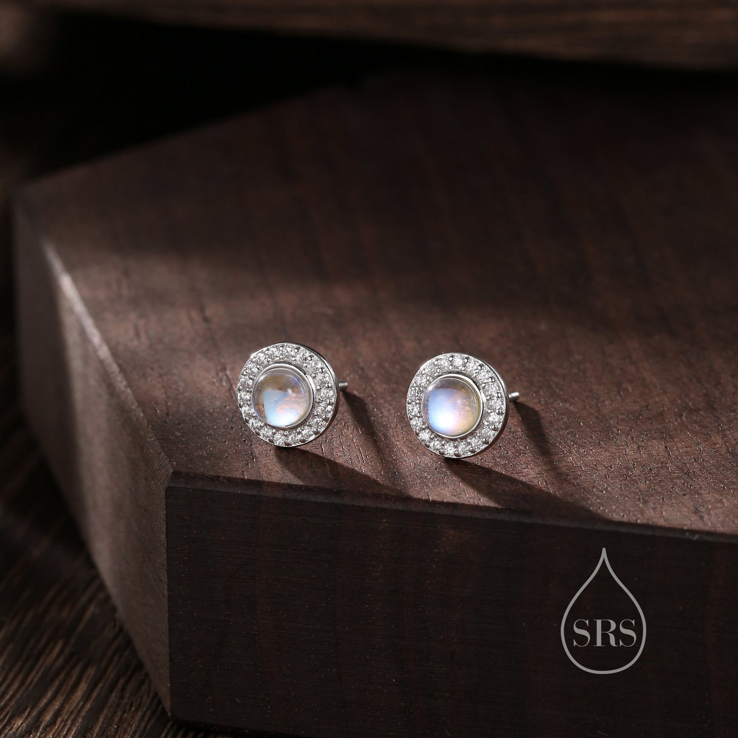Moonstone CZ Halo Stud Earrings in Sterling Silver, Sustainable Lab Moonstone - Petite Moonstone Stud Earrings