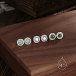 Genuine Jasper Jade CZ Halo Stud Earrings in Sterling Silver, Natural Jade Moonstone - Petite Jade Stud Earrings