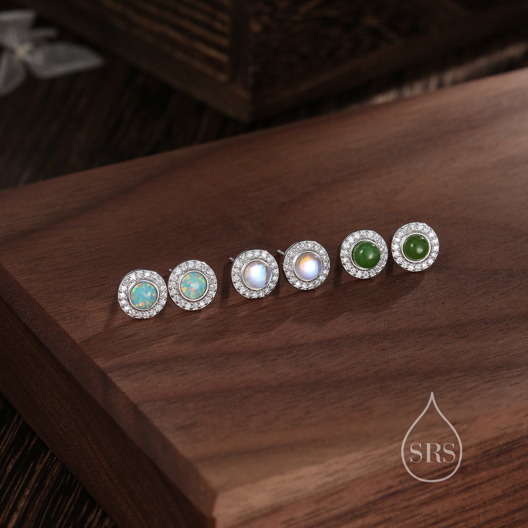 Genuine Jasper Jade CZ Halo Stud Earrings in Sterling Silver, Natural Jade Moonstone - Petite Jade Stud Earrings