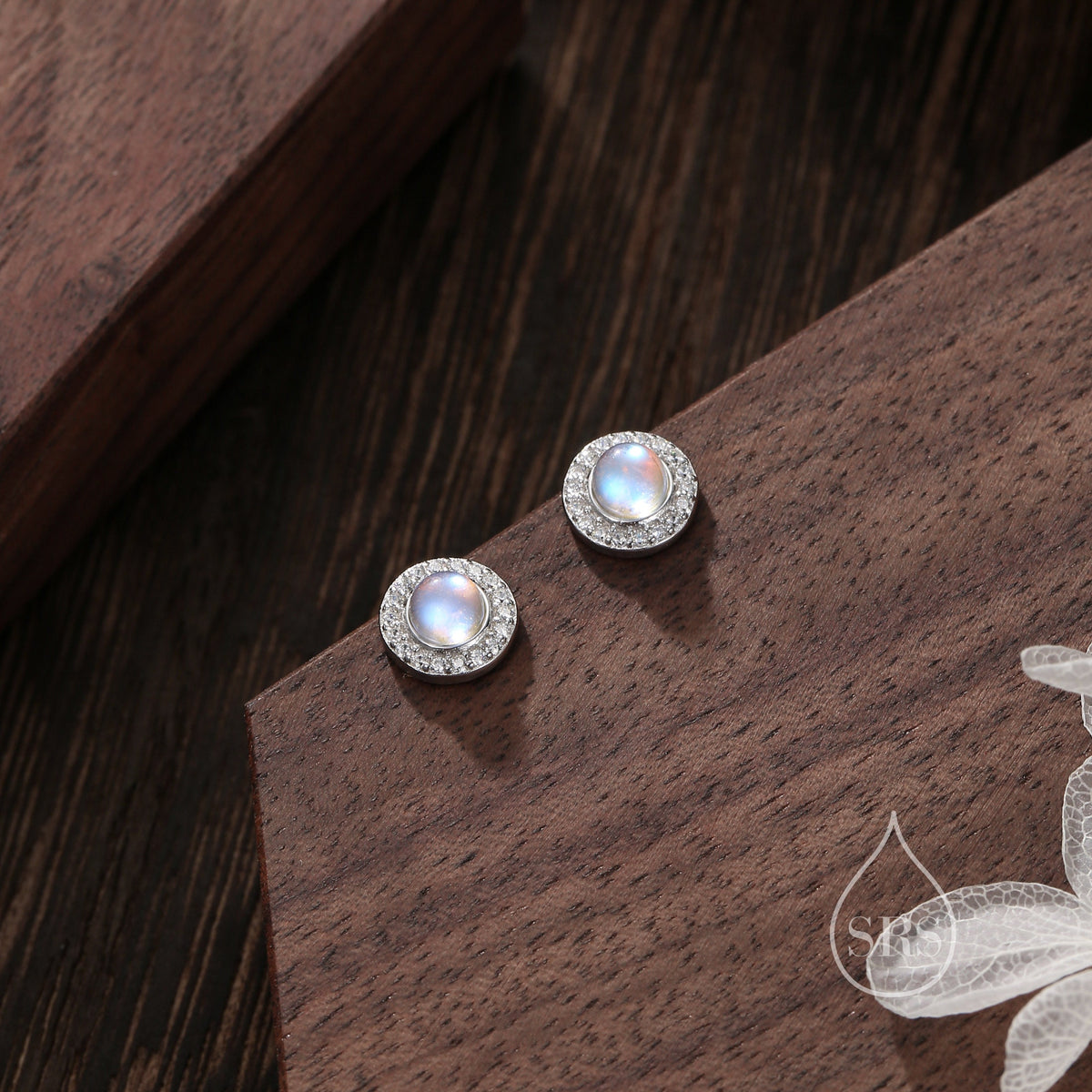 Moonstone CZ Halo Stud Earrings in Sterling Silver, Sustainable Lab Moonstone - Petite Moonstone Stud Earrings