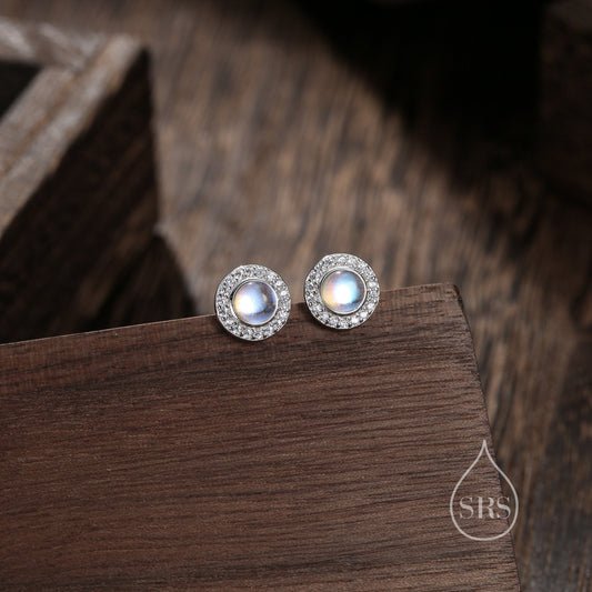 Moonstone CZ Halo Stud Earrings in Sterling Silver, Sustainable Lab Moonstone - Petite Moonstone Stud Earrings