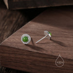 Genuine Jasper Jade CZ Halo Stud Earrings in Sterling Silver, Natural Jade Moonstone - Petite Jade Stud Earrings