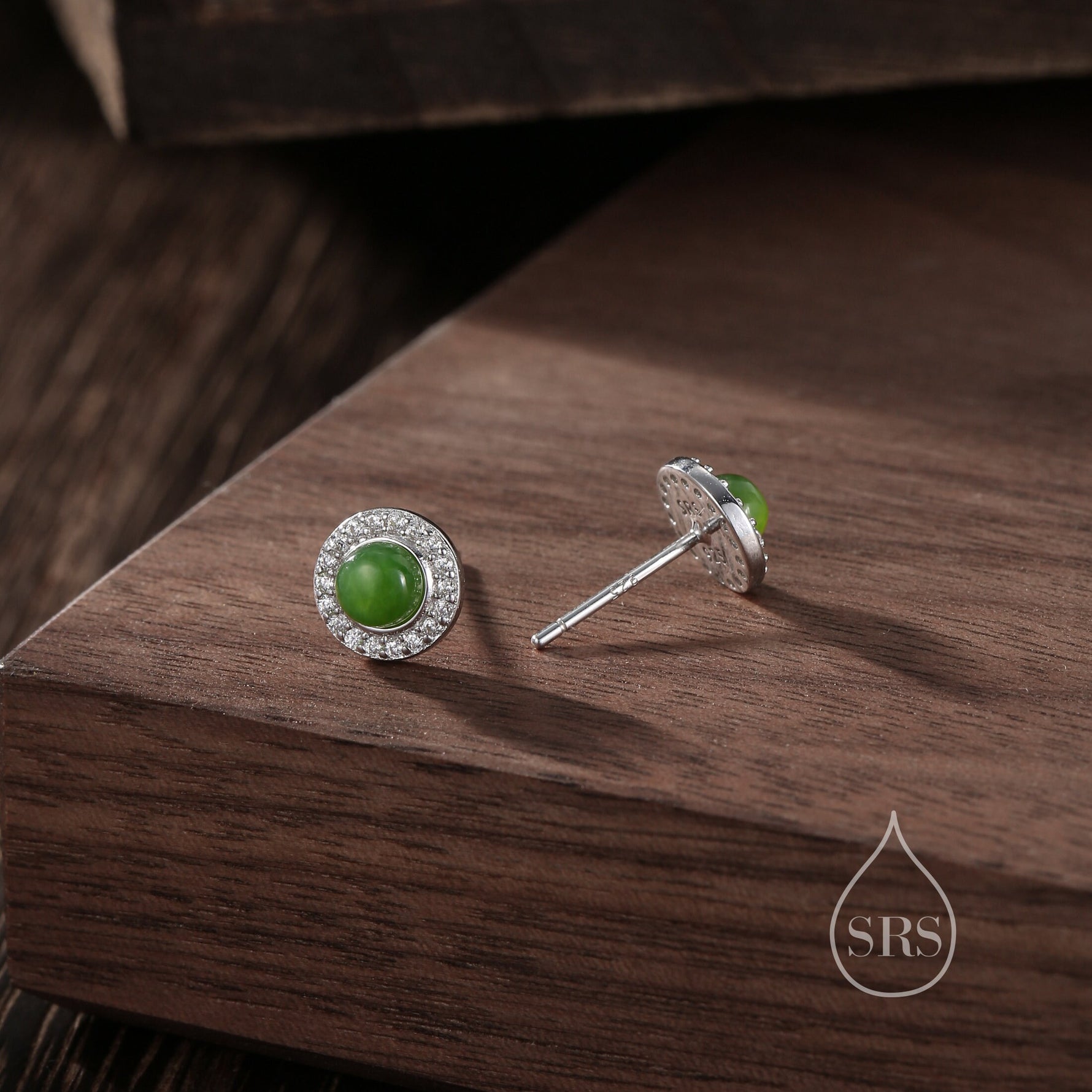 Genuine Jasper Jade CZ Halo Stud Earrings in Sterling Silver, Natural Jade Moonstone - Petite Jade Stud Earrings